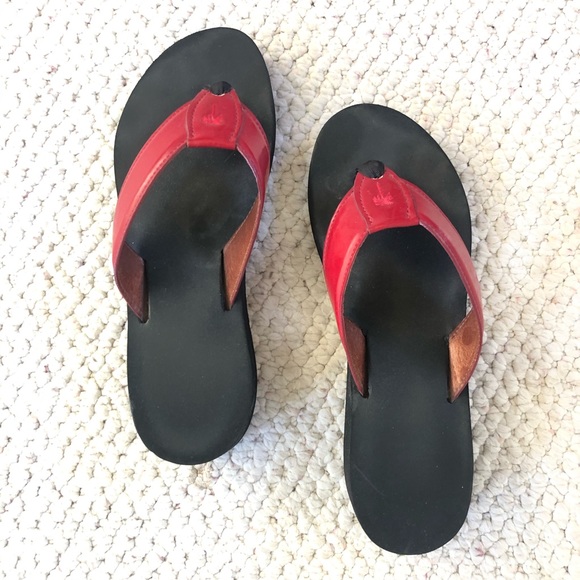 red leather flip flops
